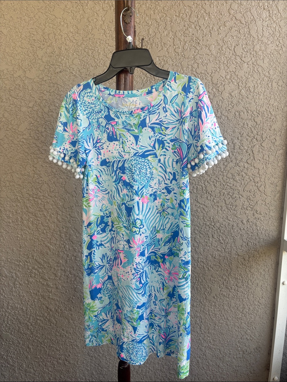 Lilly Pulitzer Blue Floral Midi Dress with  Pom Pom accent sleeves